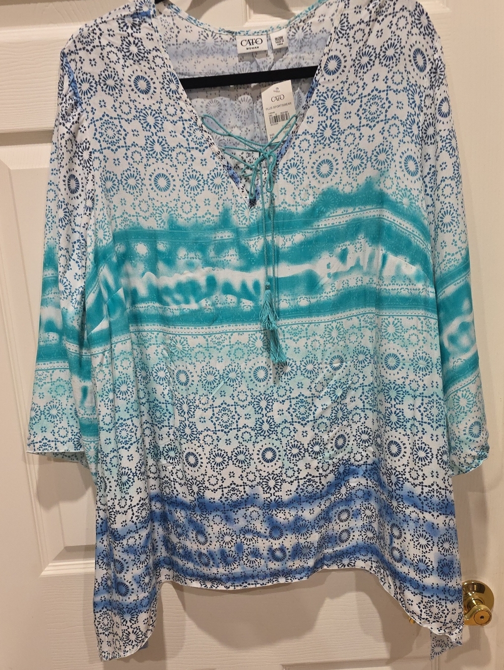Cato Teal & Blue Printed Lace-Up V-Neck Tunic
